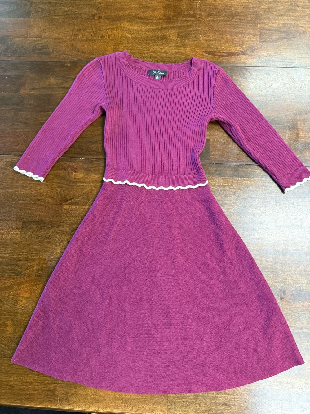BCX Magenta Knit A-Line Dress Juniors Size S Ribbed Top White Scallop Trim